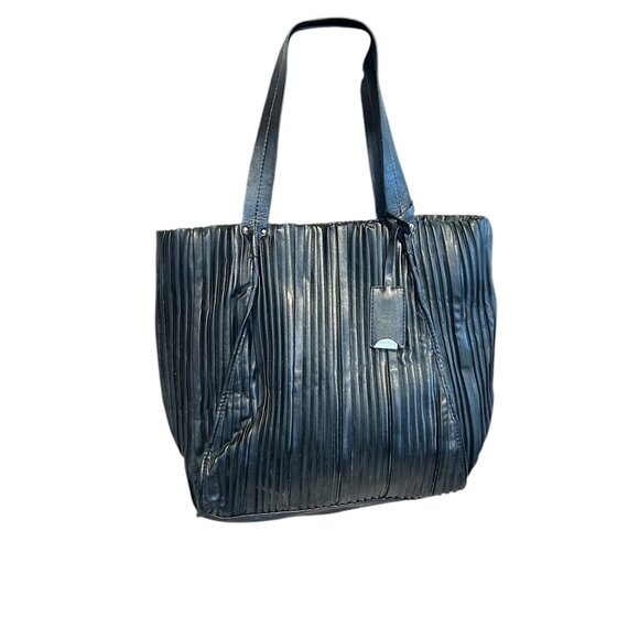 Vtg Calvin Klein #1979 Large Black Tote Bag Vegan Leather Ribbed Design Textured - Picture 2 of 12